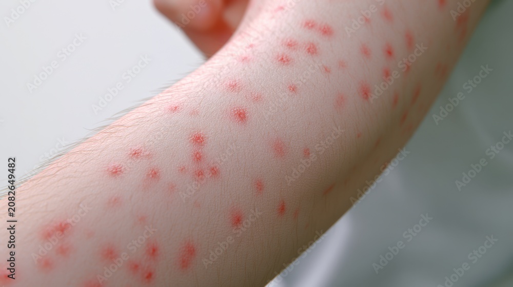 Fototapeta premium Close-up of Human Arm Showing Red Skin Rash Dots