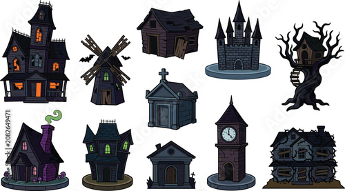Fotografie Haunted house collection featuring spooky mansions castle graveyard windmill hau