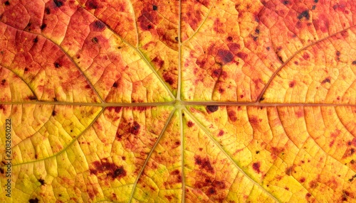 Close-up of a vibrant leaf showcasing intricate patterns and autumn hues