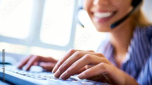 Customer Service Representative Typing on Keyboard with Headset