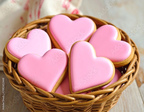 Close-up of heart-shaped cookies with pink icing in a woven basket, resting on a wooden surface, with a floral cloth background