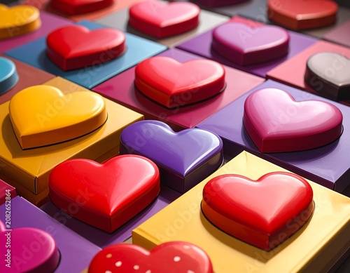 Close-up of heart-shaped chocolates arranged on colorful, square boxes, creating a visually appealing pattern. A vibrant composition