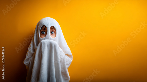 Small child wearing a ghost costume made from a white sheet against orange background