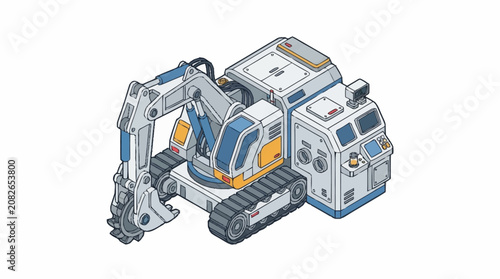 Blue and white hydraulic excavator with detailed components.