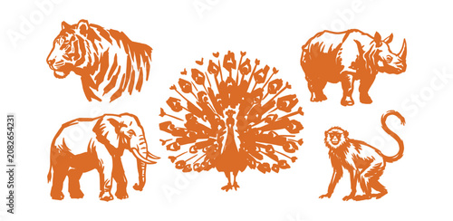 Canvas Print Hand drawn wild animal silhouette set in orange brush stroke style