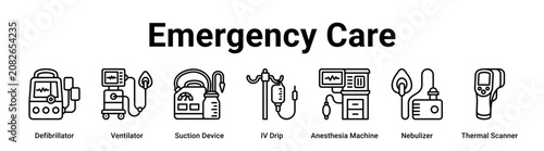 Foto Emergency Care web banner icon vector illustration concept for business with icon of Defibrillator, Ventilator, Suction Device, IV Drip, Anesthesia Machine, Nebulizer