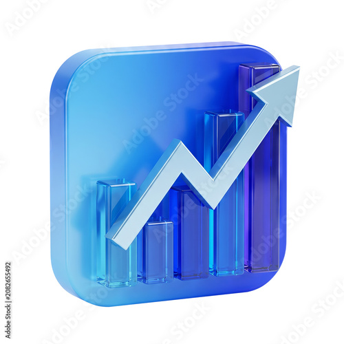 Financial growth chart with blue upward arrow 3D business icon on transparent background