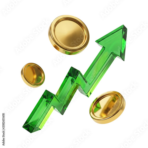 Financial growth arrow with gold coins 3D investment icon on transparent background