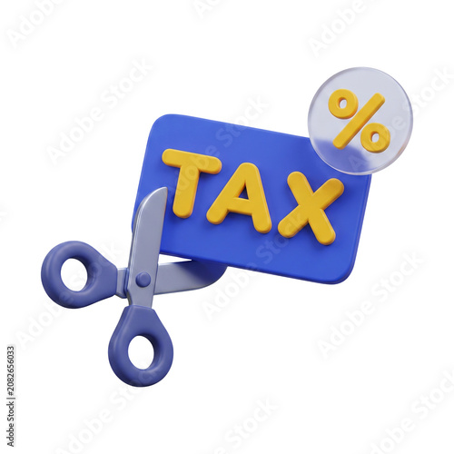 Tax reduction label with scissors and percentage symbol 3D finance icon on transparent background