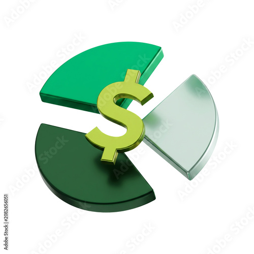 Dollar symbol with pie chart financial analysis 3D business icon on transparent background