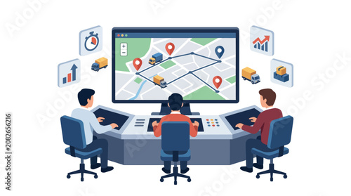 Logistics team monitoring delivery fleet tracking on digital dashboard