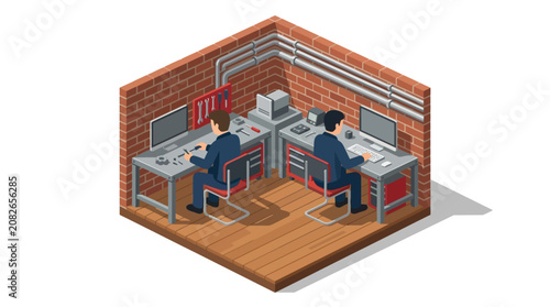 Isometric illustration of technicians working in a modern workshop