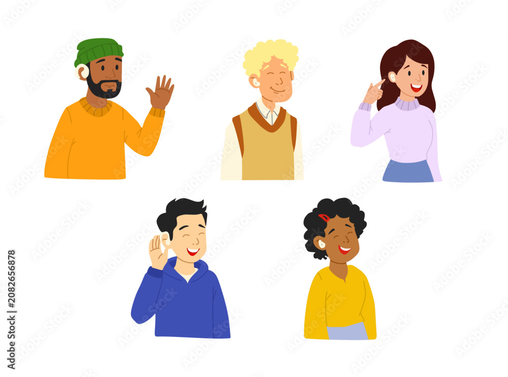 Obraz premium A collection of diverse characters wearing hearing aids representing accessibility and hearing support