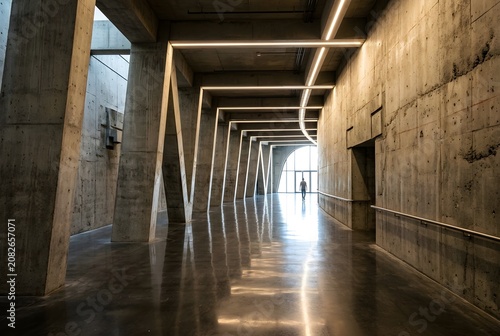 Modern concrete corridor with geometric lights.