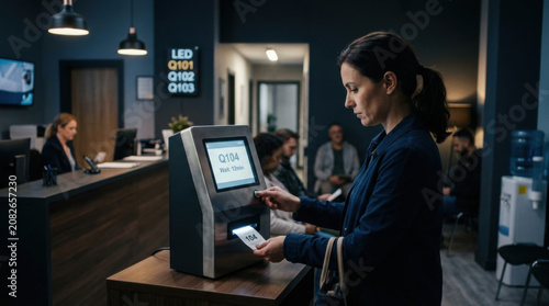 Woman Interacting With Queue Management System In Modern Waiting Room