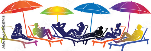 Photos People relaxing on sun loungers under colorful beach umbrellas during summer vac