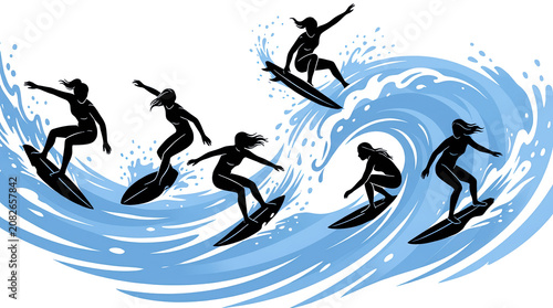 Stylized illustration of a surfer in multiple action poses riding powerful ocean waves, isolated on a white background, capturing motion, balance and extreme water sports.