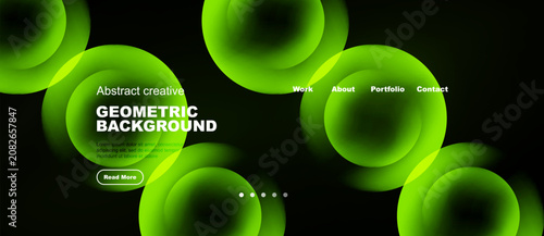 Abstract green circles overlap dark background. Website header includes navigation options, text, button. Modern design elements present.