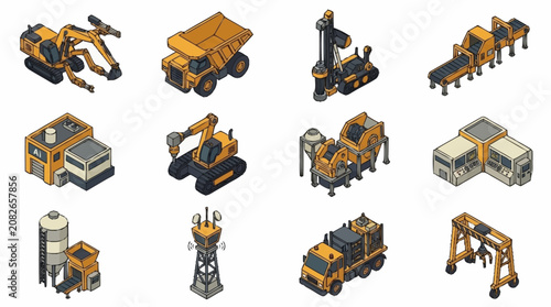 Schilderij op canvas Collection of Construction and Industrial Machinery Vehicles.