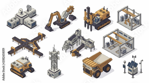Canvas Print Isometric Construction Machinery and Industrial Equipment Set.