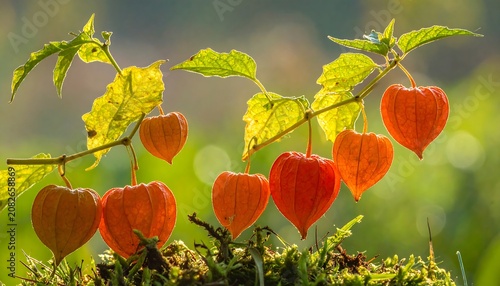 Close-up of heart-shaped orange pods hanging from a branch, with vibrant green foliage