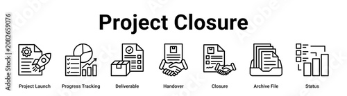 Project Closure web banner icon vector illustration concept for business with icon of Project Launch, Progress Tracking, Deliverable, Handover, Closure, Archive.