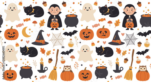 Fotografía Cute Halloween Seamless Pattern With Ghost Pumpkin Cat Vampire Autumn Elements C