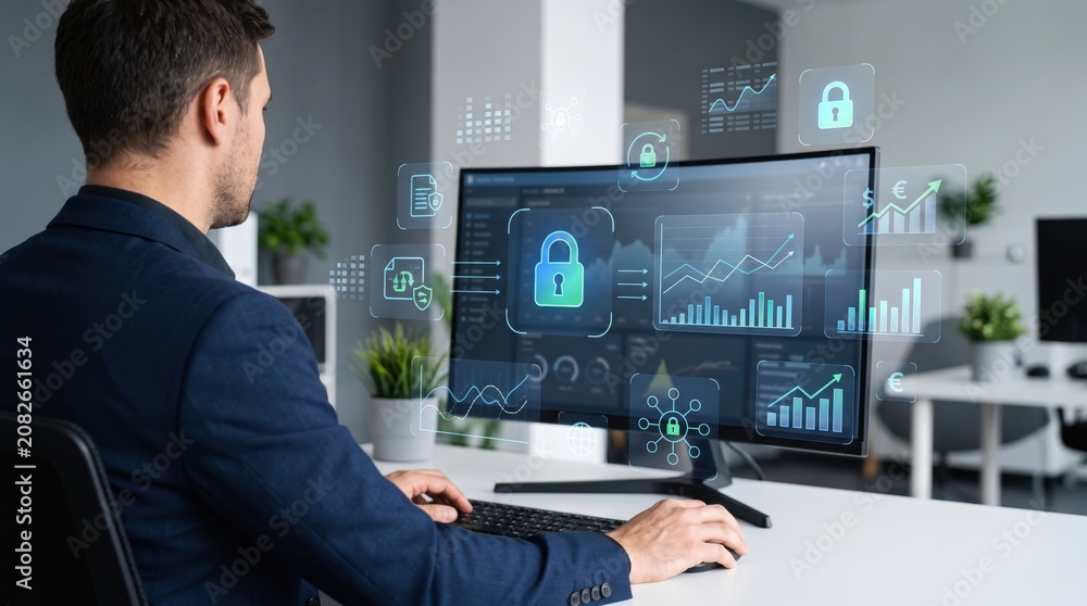 Fototapeta premium IT specialist monitoring cybersecurity data on computer screen with floating lock icons and financial graphs, network protection concept, digital security analysis