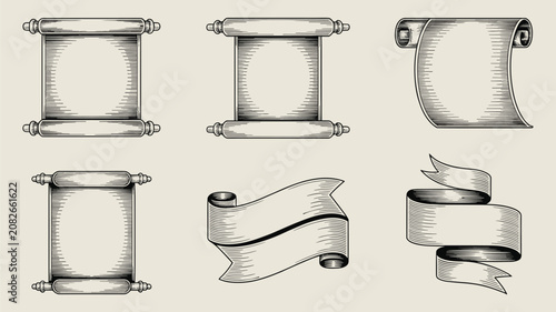 Detailed hand drawn sketches of ancient paper scrolls and elegant ribbons with fine hatching textures on an off-white background.