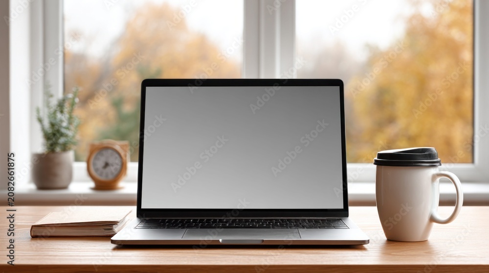 Fototapeta premium Cozy autumn workspace setup with laptop, coffee, and plant by the window