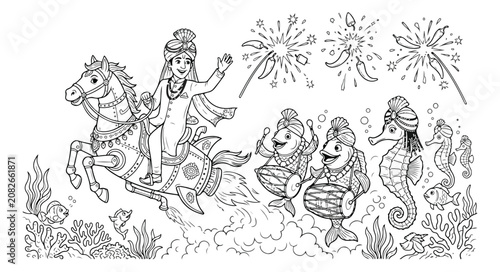 Bild auf Leinwand Hindu wedding procession line art, groom on horse, fish drummers, seahorse atten