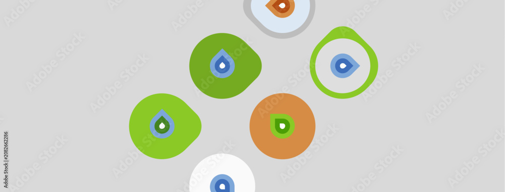 Fototapeta premium Abstract circles, varying colors, contain droplet icons. Simple design, light gray background. Minimalist aesthetic, clean presentation.