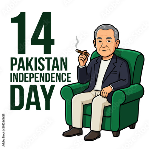 Elderly Man Smoking Cigar Seated in Green Armchair on Pakistan Independence Day