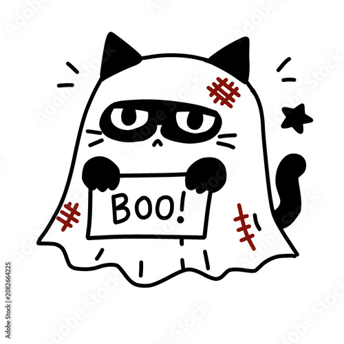 Quadro su tela Cute Halloween cat ghost holding a boo sign board
