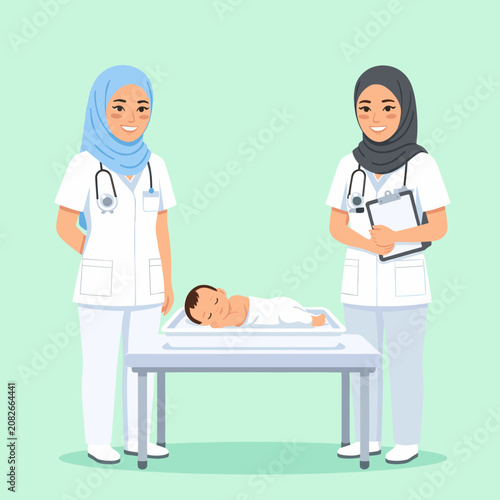 Two Nurses Holding Clipboard Beside Sleeping Newborn Baby in Hospital