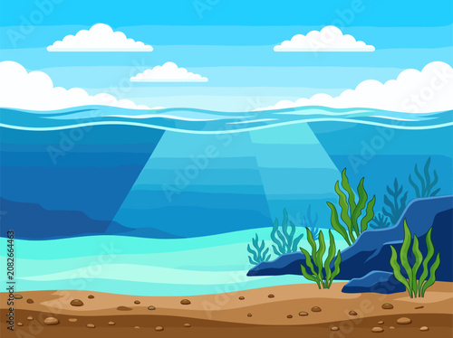 Underwater Ocean Scene with Sunlight Beams and Seaweed