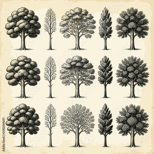 Vintage Botanical Illustration of Assorted Tree Species on Aged Paper