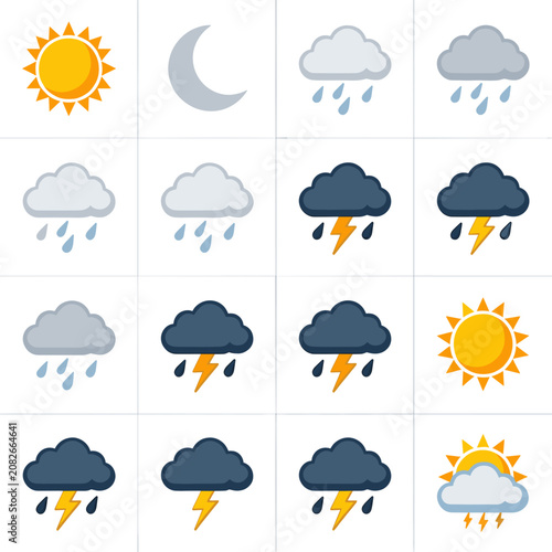Weather Icons Grid Display Sunny Cloudy Rainy Stormy Conditions