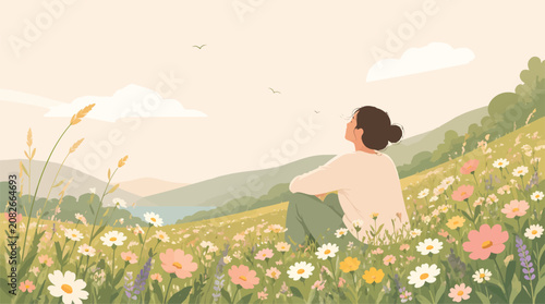 Photos Young Woman Sitting in Blooming Meadow Gazing at Distant Hills and Sky, Serene N
