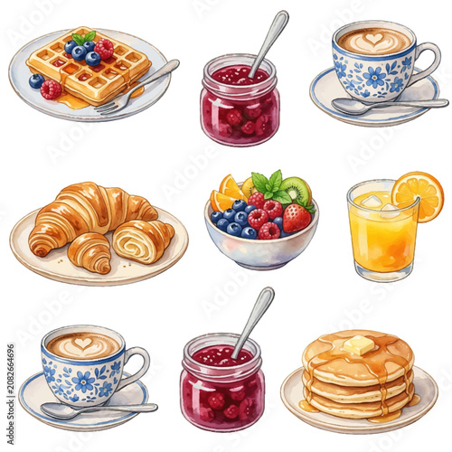 Coffee and Sweet Bakery Icon Set with Cakes Croissant Cupcake Chocolate Dessert Breakfast Pastry Bread Sandwich Pizza Burger Candy Cartoon Vector Illustration Collection