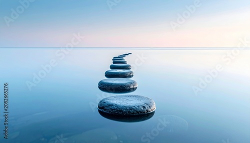 A perfectly stacked cairn of zen stones on calm water, symbolizing balance, harmony, and tranquility