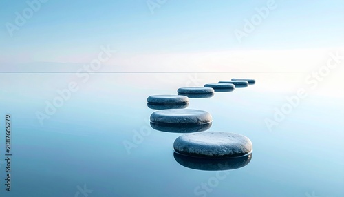 Stepping stones across a tranquil body of water, leading towards a serene horizon under a soft, pastel sky. The stones appear smooth and weathered, creating a path for contemplation and journey
