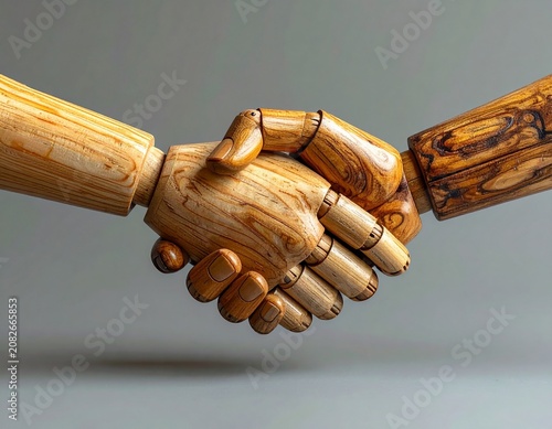 Two wooden mannequin hands shaking in agreement, symbolizing partnership and collaboration