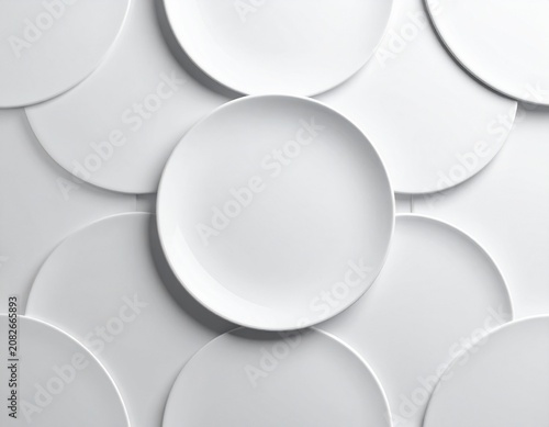 Stack of white ceramic plates. The plates are arranged in a circular pattern, with each plate overlapping the one below it. The background is a light gray color