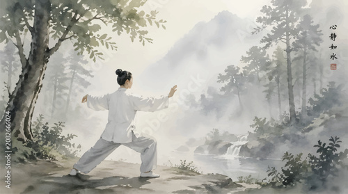Foto Woman practicing Tai Chi in serene misty forest landscape with waterfall and mountains, promoting wellness and mindful movement for healthy lifestyle