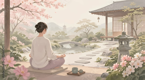 Konstfotografi Woman Meditating in Tranquil Japanese Garden with Cherry Blossoms, Zen Buddhism