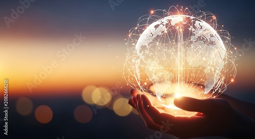Glowing Global Network in Hands During Sunset