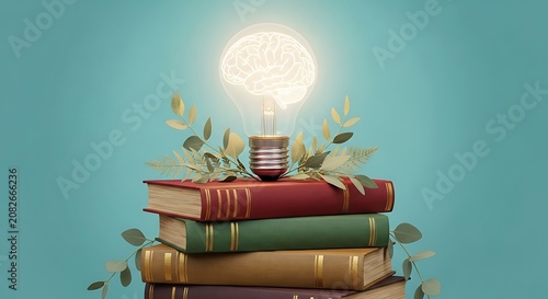 Bright Brain Light Bulb on Top of Stacked Classic Books with Green Leaves