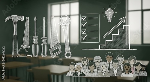 Chalkboard Tools and Team Diagram in Classroom