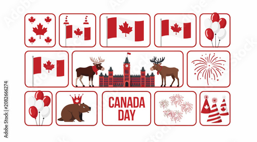 Canada Day celebration icons set